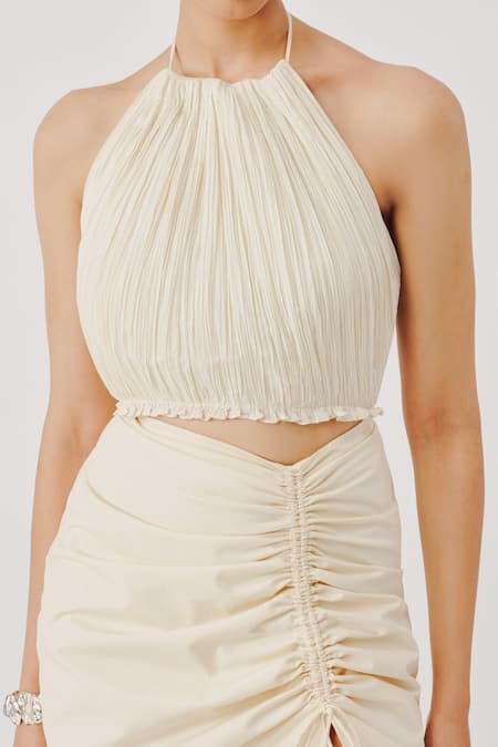 Aroka White Ruched Muslin Plain Halter Neck Lucid Top Online at Aza Fashions Aroka_White Ruched Muslin Plain Halter Neck Lucid Top _Online_at_Aza_Fashions