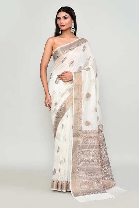 Samyukta Singhania Off White Silk Zari Butti Woven Pattern Saree With Running Blouse 