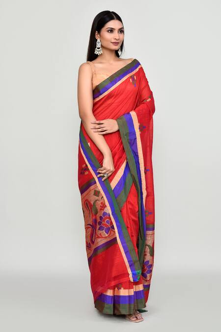 Naintara Bajaj_Red Cotton, Silk Zari Contrast Border Saree With Running Blouse _Online_at_Aza_Fashions