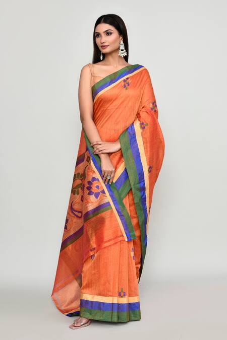 Naintara Bajaj_Orange Cotton Satin Zari, Butti Woven Pattern Saree With Running Blouse _Online_at_Aza_Fashions