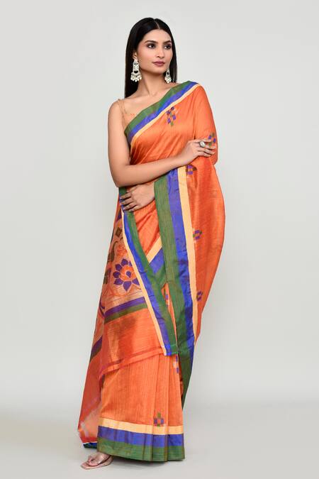 Shop_Naintara Bajaj_Orange Cotton Satin Zari, Butti Woven Pattern Saree With Running Blouse _Online_at_Aza_Fashions