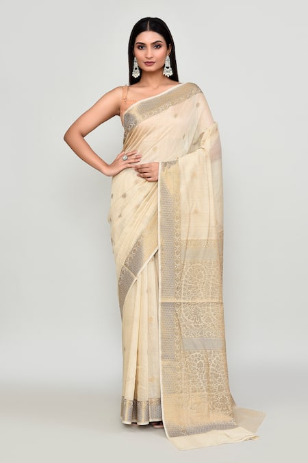 Samyukta Singhania Off White Cotton, Silk Zari, Butti Woven Pattern Saree With Running Blouse 