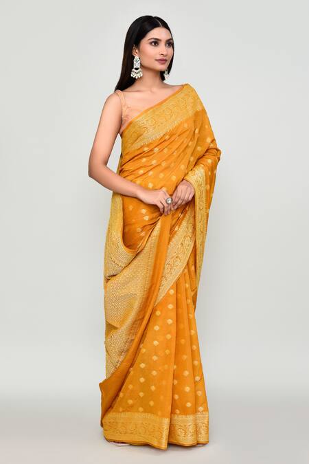 Naintara Bajaj_Yellow Silk Zari, Embroidery Floral Woven Pattern Saree With Running Blouse _Online_at_Aza_Fashions
