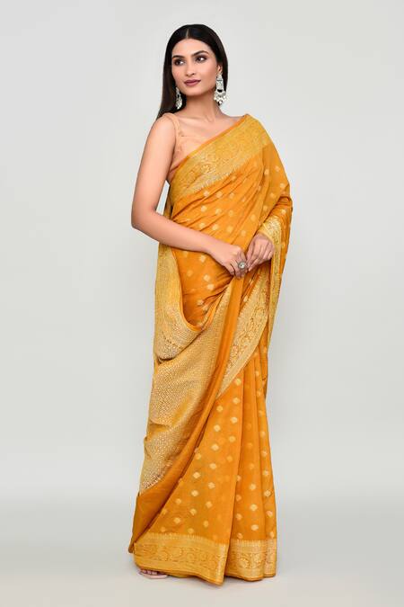 Buy_Naintara Bajaj_Yellow Silk Zari, Embroidery Floral Woven Pattern Saree With Running Blouse _Online_at_Aza_Fashions