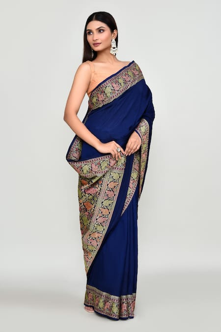 Naintara Bajaj_Blue Silk Zari Floral Woven Pattern Saree With Running Blouse _Online_at_Aza_Fashions