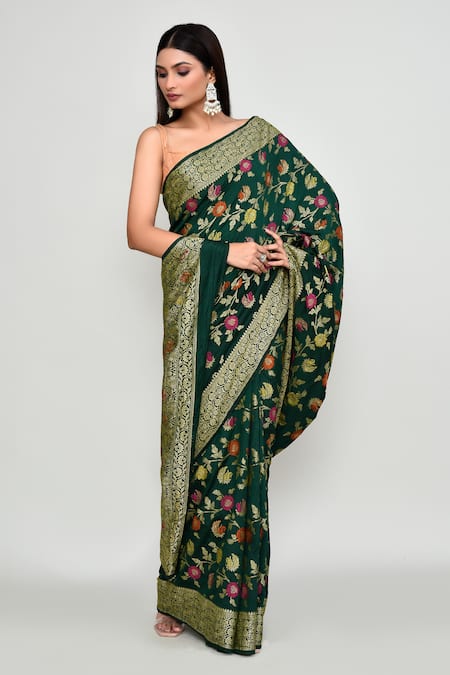 Buy_Samyukta Singhania_Green Silk Zari, Embroidery Floral Woven Pattern Saree With Running Blouse _Online_at_Aza_Fashions