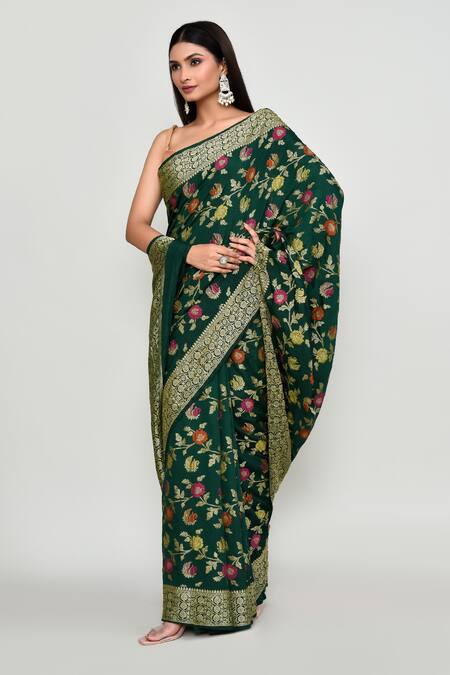 Shop_Samyukta Singhania_Green Silk Zari, Embroidery Floral Woven Pattern Saree With Running Blouse _Online_at_Aza_Fashions