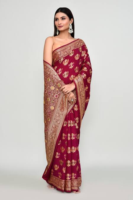 Buy_Naintara Bajaj_Maroon Silk Zari, Embroidery Floral Woven Pattern Saree With Running Blouse _Online_at_Aza_Fashions
