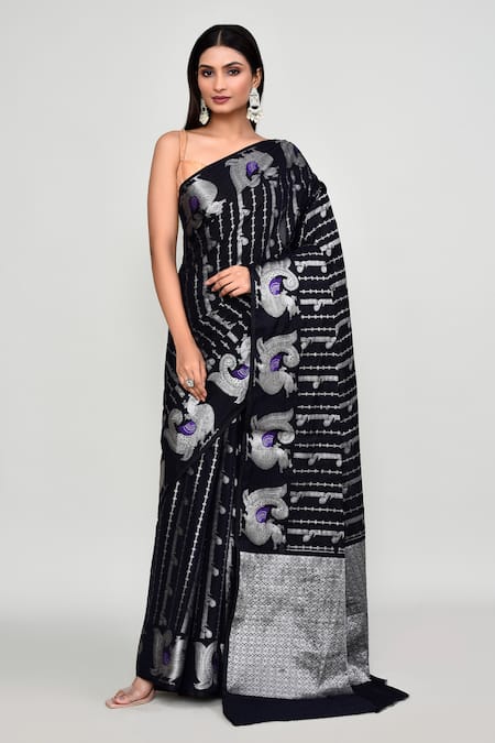 Samyukta Singhania Black Silk Zari, Metallic Thread, Floral Woven Pattern Saree With Running Blouse 