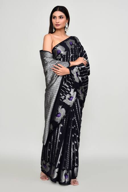 Buy_Naintara Bajaj_Black Silk Zari, Metallic Thread, Floral Woven Pattern Saree With Running Blouse _Online_at_Aza_Fashions
