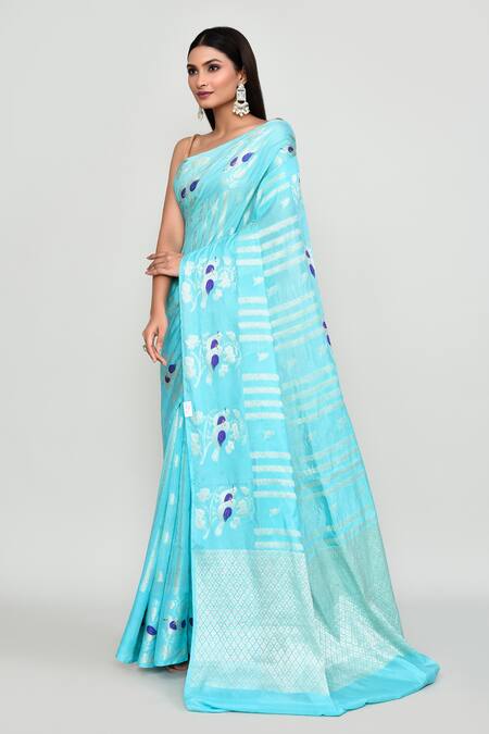 Naintara Bajaj_Sky Blue Silk Zari, Embroidery Floral Woven Pattern Saree With Running Blouse _Online_at_Aza_Fashions