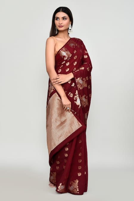 Naintara Bajaj_Maroon Silk Zari, Embroidery Butti Woven Pattern Saree With Running Blouse _Online_at_Aza_Fashions