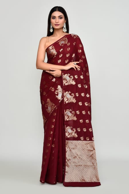 Samyukta Singhania Maroon Silk Zari, Embroidery Butti Woven Pattern Saree With Running Blouse 