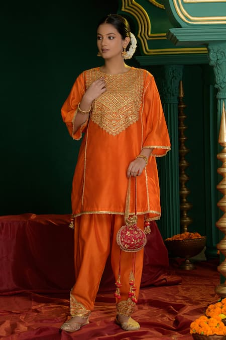 saina kapoor_Orange Chanderi Gota Patti, Embroidery, Anahita Yoke Choga Kurta And Salwar Set _Online_at_Aza_Fashions
