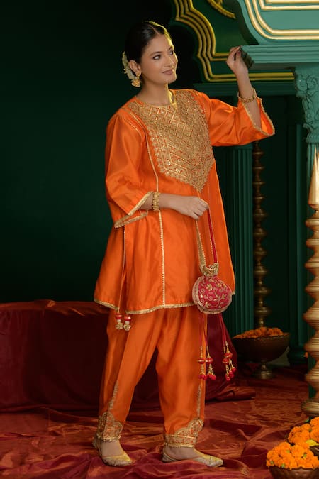 Buy_saina kapoor_Orange Chanderi Gota Patti, Embroidery, Anahita Yoke Choga Kurta And Salwar Set _Online_at_Aza_Fashions