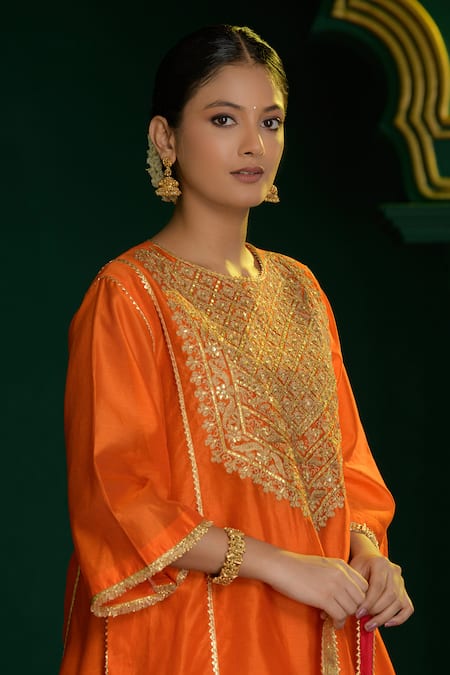 Shop_saina kapoor_Orange Chanderi Gota Patti, Embroidery, Anahita Yoke Choga Kurta And Salwar Set _Online_at_Aza_Fashions