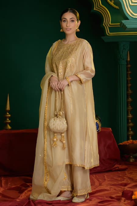 Buy_saina kapoor_Beige Chanderi, Organza Gota Patti, Embroidery, Adrika Kurta And Pant Set _Online_at_Aza_Fashions