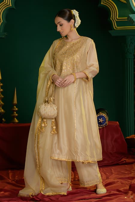 Shop_saina kapoor_Beige Chanderi, Organza Gota Patti, Embroidery, Adrika Kurta And Pant Set _Online_at_Aza_Fashions