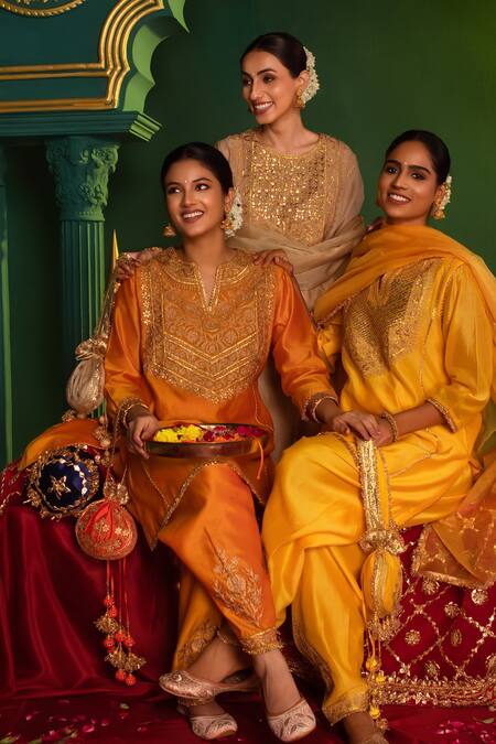 Buy_saina kapoor_Beige Chanderi, Organza Gota Patti, Embroidery, Adrika Kurta And Pant Set 