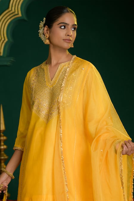 Shop_saina kapoor_Yellow Chanderi, Organza Gota Patti, Embroidery, Amodini Floral Kurta Pant Set _Online_at_Aza_Fashions
