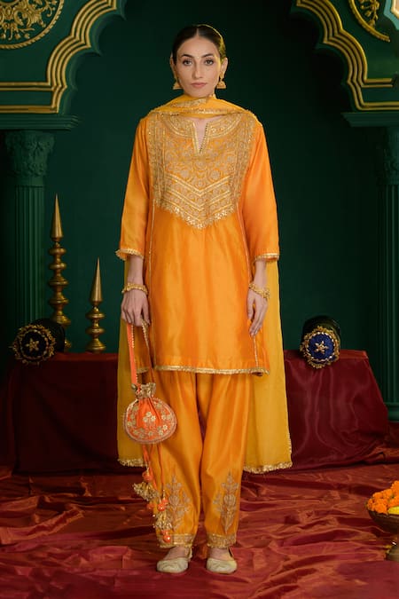 Buy_saina kapoor_Orange Chanderi, Organza Gota Patti, Embroidery, Anika Floral Kurta Salwar Set _Online_at_Aza_Fashions