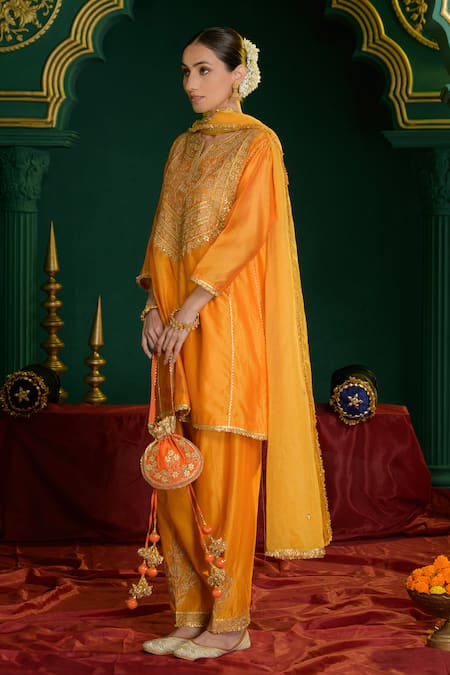 Shop_saina kapoor_Orange Chanderi, Organza Gota Patti, Embroidery, Anika Floral Kurta Salwar Set _Online_at_Aza_Fashions