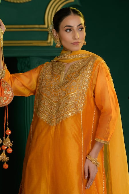 saina kapoor_Orange Chanderi, Organza Gota Patti, Embroidery, Anika Floral Kurta Salwar Set _at_Aza_Fashions