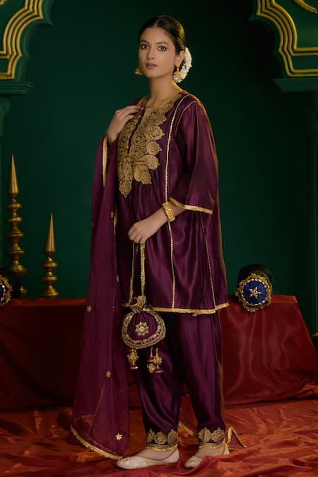 Shop_saina kapoor_Burgundy Chanderi, Organza Gota Patti, Alisha Paisley Pattern Kurta And Salwar Set _Online_at_Aza_Fashions