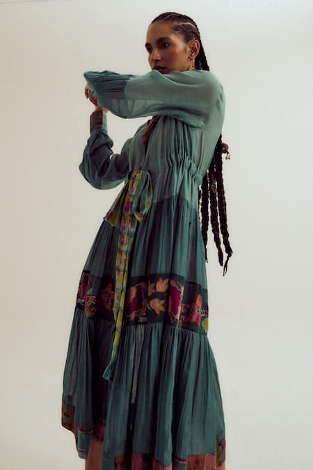 Capisvirleo_Blue Chanderi Silk Patchwork, Embroidery V-neck Wisteria Patch Work Flared Dress _Online_at_Aza_Fashions