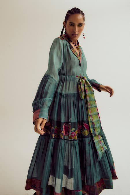 Buy_Capisvirleo_Blue Chanderi Silk Patchwork, Embroidery V-neck Wisteria Patch Work Flared Dress _Online_at_Aza_Fashions