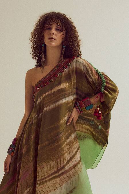 Capisvirleo_Olive Green Silk Embroidery, Tassels One Shoulder Heather Tie Dye Dress _Online_at_Aza_Fashions