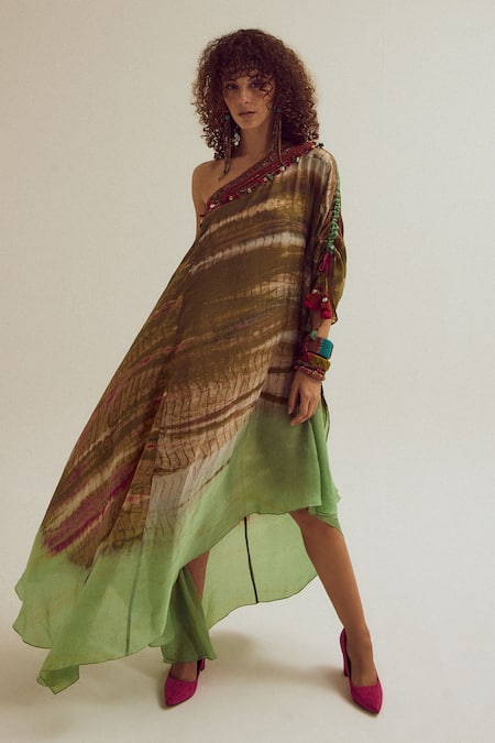 Shop_Capisvirleo_Olive Green Silk Embroidery, Tassels One Shoulder Heather Tie Dye Dress _Online_at_Aza_Fashions