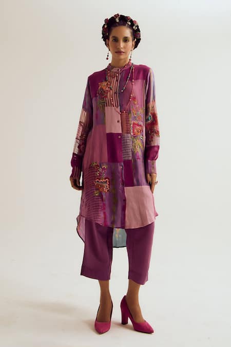 Capisvirleo Lavender Linen, Cotton Patchwork, Embroidery Shrub Rose Tie Dye Kurta And Pant Set 