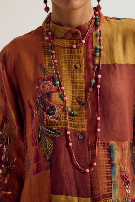 Capisvirleo_Orange Linen, Silk, Cotton Patchwork, Shrub Rose Tie Dye Kurta And Pant Set _Online_at_Aza_Fashions