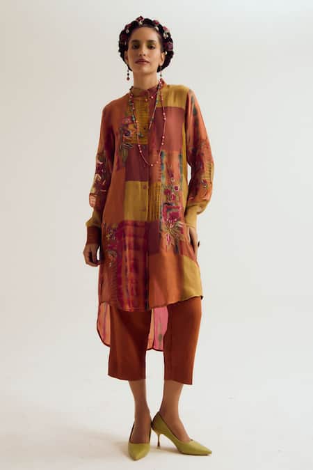 Capisvirleo Orange Linen, Silk, Cotton Patchwork, Shrub Rose Tie Dye Kurta And Pant Set