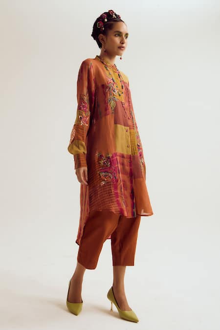 Buy_Capisvirleo_Orange Linen, Silk, Cotton Patchwork, Shrub Rose Tie Dye Kurta And Pant Set _Online_at_Aza_Fashions