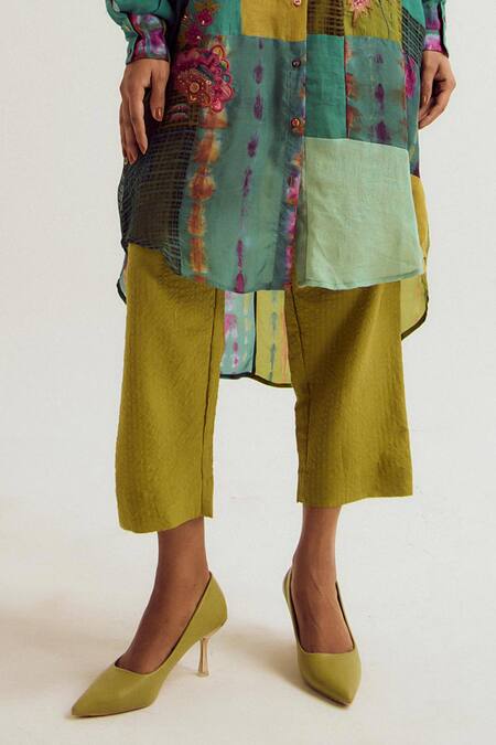 Capisvirleo_Green Linen, Silk, Cotton Embroidery, Shrub Rose Tie Dye Kurta And Pant Set _Online_at_Aza_Fashions