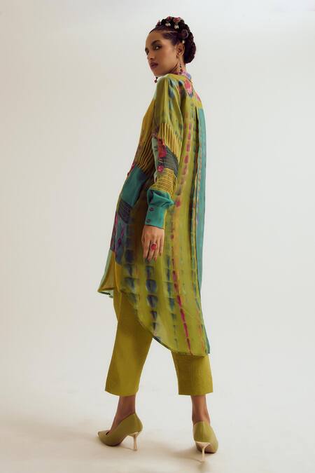 Buy_Capisvirleo_Green Linen, Silk, Cotton Embroidery, Shrub Rose Tie Dye Kurta And Pant Set _Online_at_Aza_Fashions