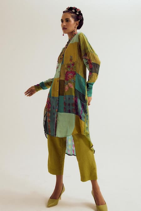 Shop_Capisvirleo_Green Linen, Silk, Cotton Embroidery, Shrub Rose Tie Dye Kurta And Pant Set _Online_at_Aza_Fashions