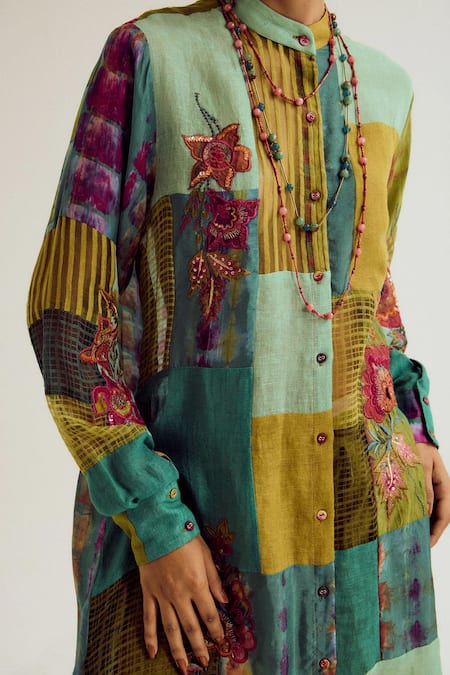 Capisvirleo_Green Linen, Silk, Cotton Embroidery, Shrub Rose Tie Dye Kurta And Pant Set _at_Aza_Fashions