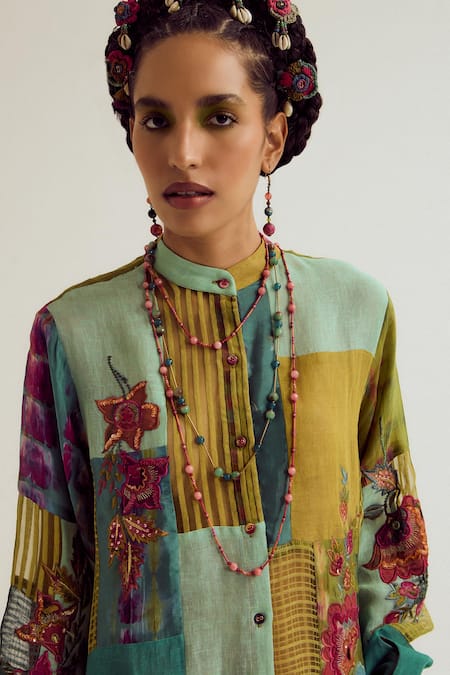 Buy_Capisvirleo_Green Linen, Silk, Cotton Embroidery, Shrub Rose Tie Dye Kurta And Pant Set 