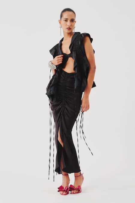 Aroka Black Velvet Embroidery Open Neck Phoenix Mashru Hand Smocked Bib 