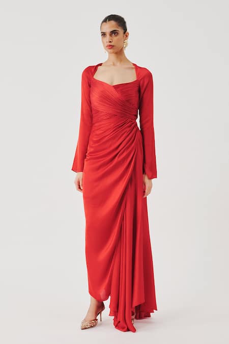 Shop Aroka Red Modal, Satin Sweetheart Neck Grace Ruched Dress at Aza Fashions Shop_Aroka_Red Modal, Satin Sweetheart Neck Grace Ruched Dress _at_Aza_Fashions
