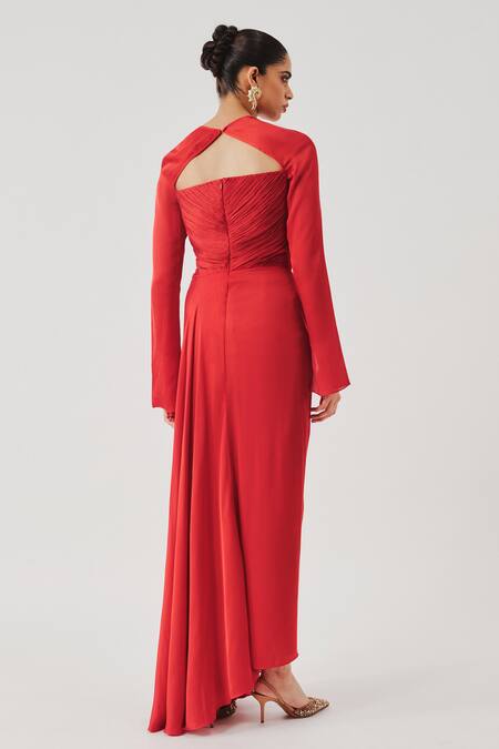 Aroka Red Modal, Satin Sweetheart Neck Grace Ruched Dress Online at Aza Fashions Aroka_Red Modal, Satin Sweetheart Neck Grace Ruched Dress _Online_at_Aza_Fashions
