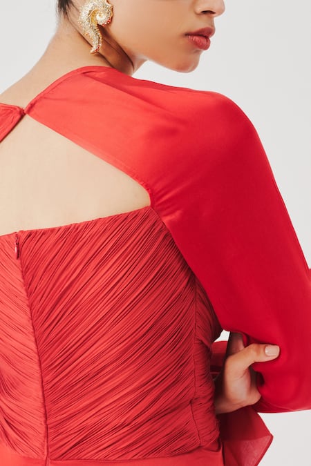 Shop Aroka Red Modal, Satin Sweetheart Neck Grace Ruched Dress Online at Aza Fashions Shop_Aroka_Red Modal, Satin Sweetheart Neck Grace Ruched Dress _Online_at_Aza_Fashions