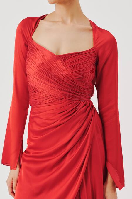 Aroka Red Modal, Satin Sweetheart Neck Grace Ruched Dress at Aza Fashions Aroka_Red Modal, Satin Sweetheart Neck Grace Ruched Dress _at_Aza_Fashions