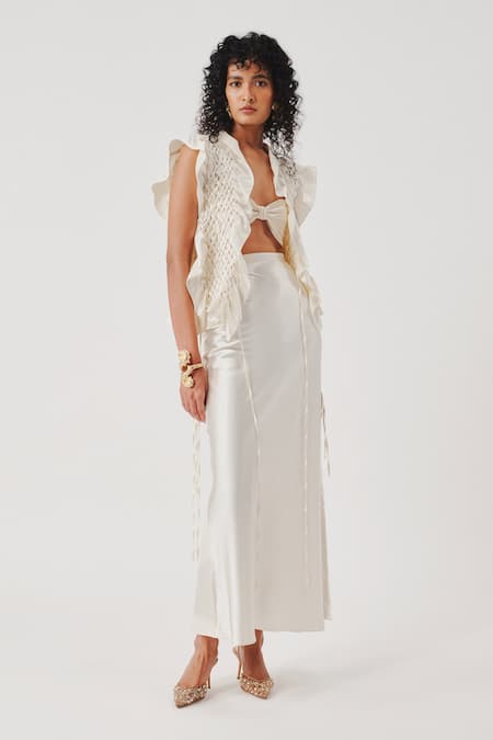 Aroka Ivory Velvet Moony Silk Bias Full Length Skirt 