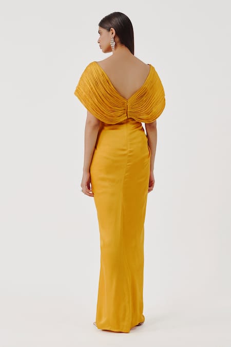 Shop Aroka Yellow Modal, Satin, Voile V-neck Golden Glow Criss Cross Pleated Dress at Aza Fashions Shop_Aroka_Yellow Modal, Satin, Voile V-neck Golden Glow Criss Cross Pleated Dress _at_Aza_Fashions