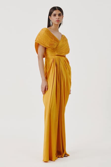 Aroka Yellow Modal, Satin, Voile V-neck Golden Glow Criss Cross Pleated Dress Online at Aza Fashions Aroka_Yellow Modal, Satin, Voile V-neck Golden Glow Criss Cross Pleated Dress _Online_at_Aza_Fashions