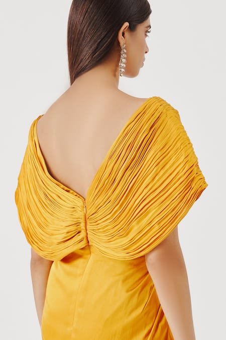 Buy Aroka Yellow Modal, Satin, Voile V-neck Golden Glow Criss Cross Pleated Dress Online at Aza Fashions Buy_Aroka_Yellow Modal, Satin, Voile V-neck Golden Glow Criss Cross Pleated Dress _Online_at_Aza_Fashions